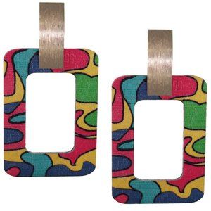 Green Pink Multicolor Art Deco Wooden Earrings